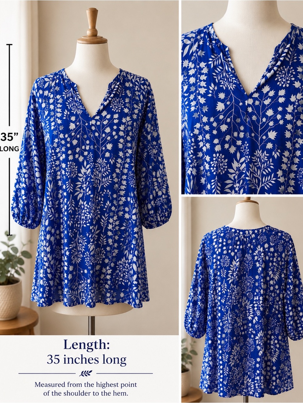 H&M Royal Blue and White Floral V-Neck Dress